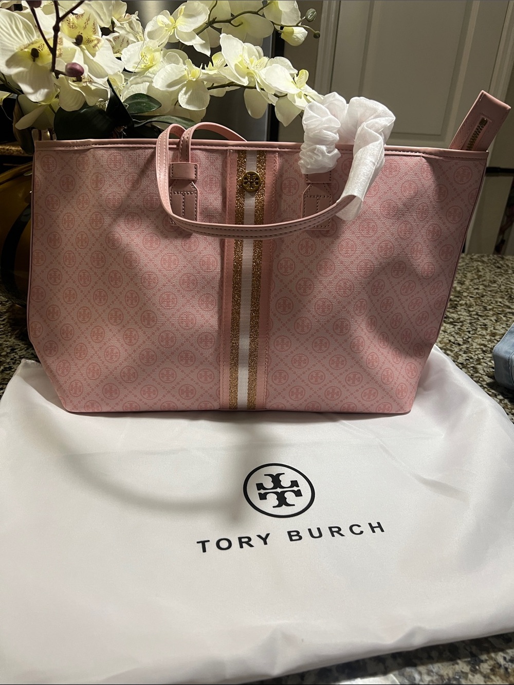 Tory Burch Pink Logo-Pattern Tote with Gold Stripe Accent